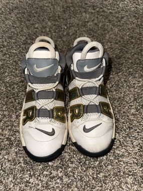 Nike Kids White, Gray & Olive Green 'Air More' Sneakers
